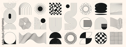 Abstract minimal element mid century vector set. Aesthetic contemporary stripe line art, geometric shape in monochrome. Art form design for wall art, decoration, wallpaper.