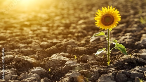 Sunflower, Single, One, Single Sunflower Growing in Dry Cracked Soil