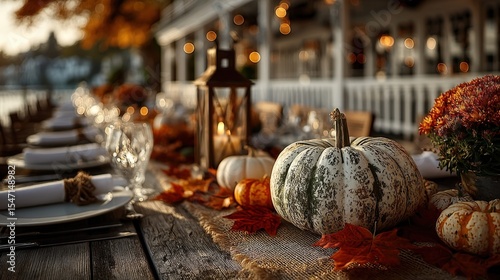 Sustainable Festival Practices Elegant autumn outdoor dining table setup with pumpkins candles and fall decor Festival Volunteer Spirit