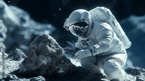 Astronaut on a Celestial Body Examining a Rock Formation
