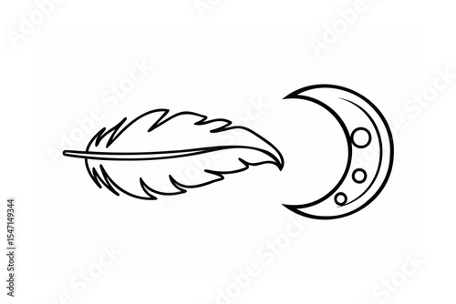 Black Line Art Feather and Crescent Moon Design black and white