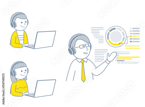 オンライン授業　授業をする先生とノートパソコンを使って勉強する男の子と女の子