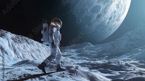 Astronaut on a lunar landscape, with a large celestial body in the background. A breathtaking view of space exploration and the vastness of the cosmos.