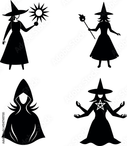 Witches Holding Wand and Stars Cliparts