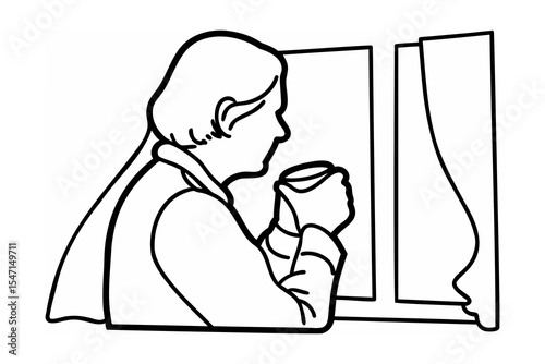 Person Drinking Coffee by Window Line Art black and white