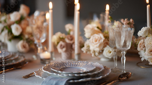 Elegant English dining tables styled with flickering candlelight, floral centrepieces, crystal glassware and richly layered plates, capturing the warmth of evening gatherings at home, wedding or event