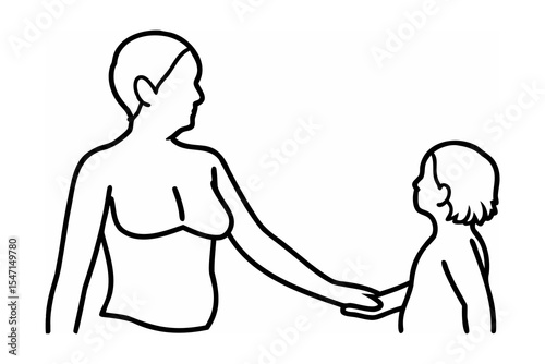 Woman and Child Holding Hands Line Drawing Black White Sketch