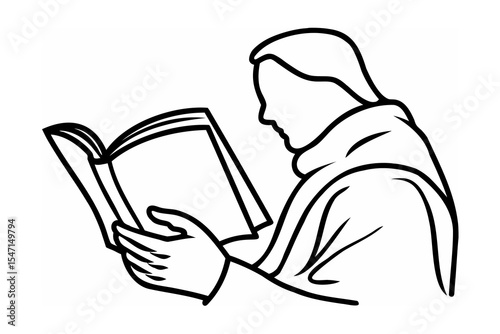 Man Reading Book Line Art Black and White Illustration