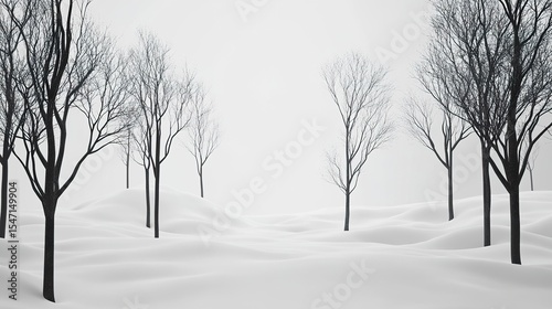 minimal forest composition, empty snow-covered field