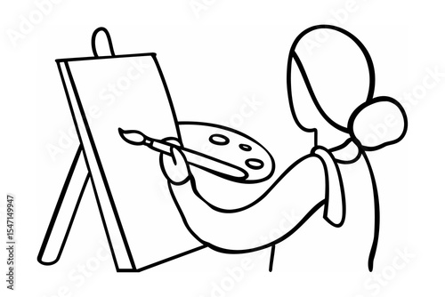 Person painting on easel with paintbrush and palette