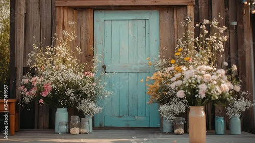 Rustic Charm: Floral Decor Adorning a Weathered Blue Door