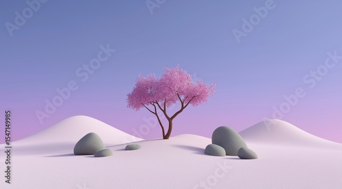 A vibrant pink cherry blossom tree stands prominently on a minimalist pink ground with gentle dunes under a clear purple sky