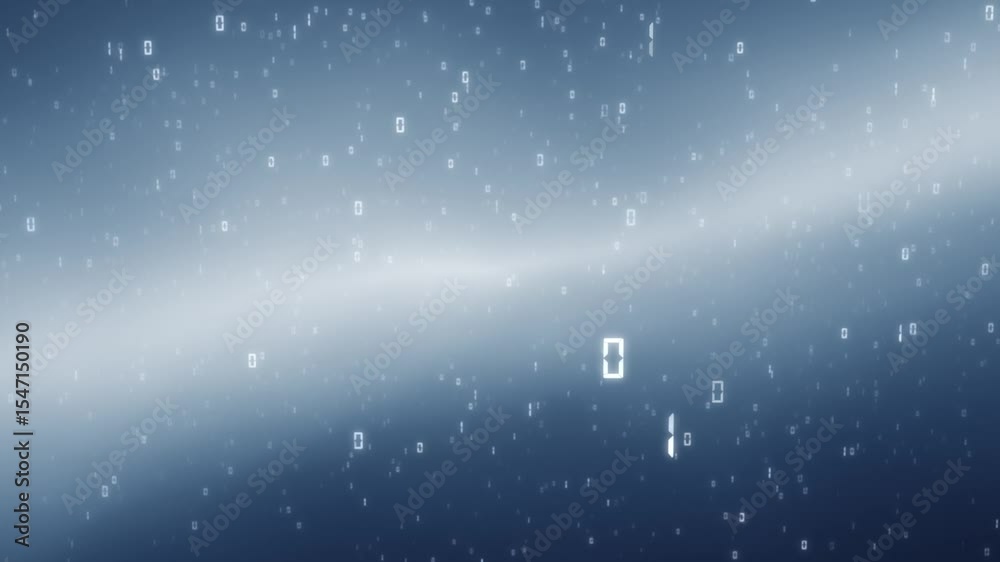 Bright blue foggy light with computer binary numbers loop flying background.