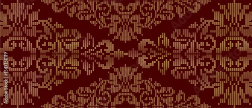 Batik Songket traditional design background. Seamless pattern embroidery Embroidery on fabric. Seamless pattern. Vector illustration for web design or print.