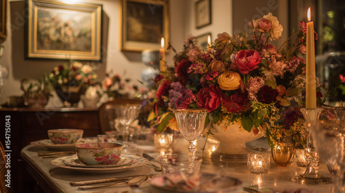Elegant English dining tables styled with flickering candlelight, floral centrepieces, crystal glassware and richly layered plates, capturing the warmth of evening gatherings at home, wedding or event