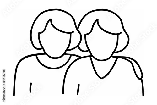 Two Women Shoulder to Shoulder Line Art Illustration