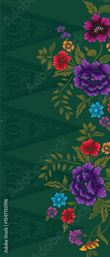 Batik flower Songket traditional design background. Seamless pattern embroidery Embroidery on fabric. Seamless pattern. Vector illustration for web design or print.
