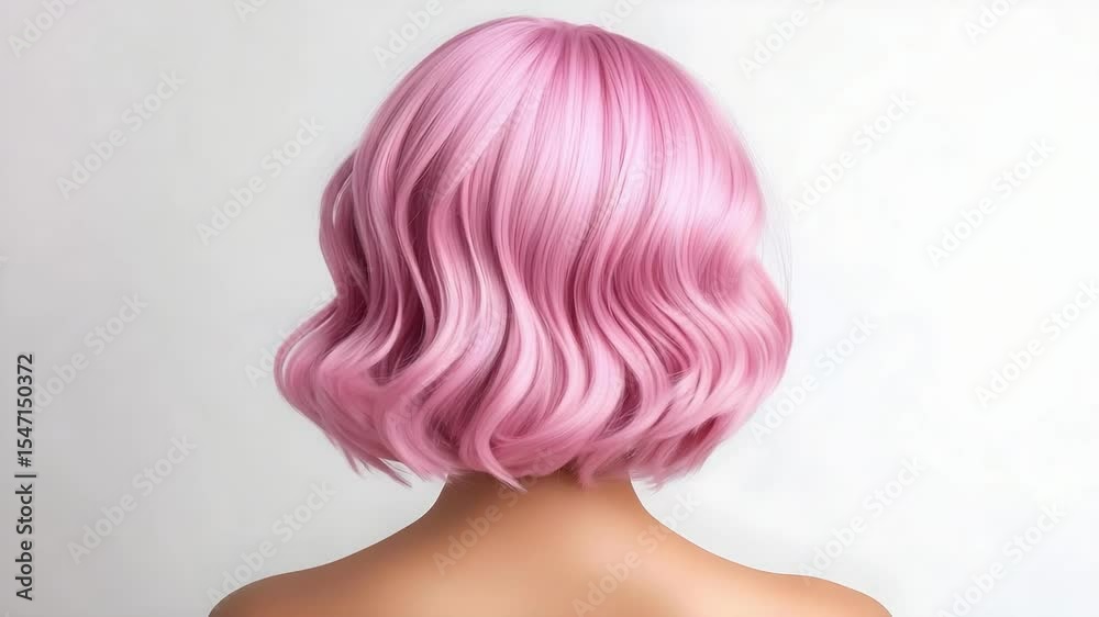 A close-up view of a person with a stylish, wavy pink bob hairstyle from the back.