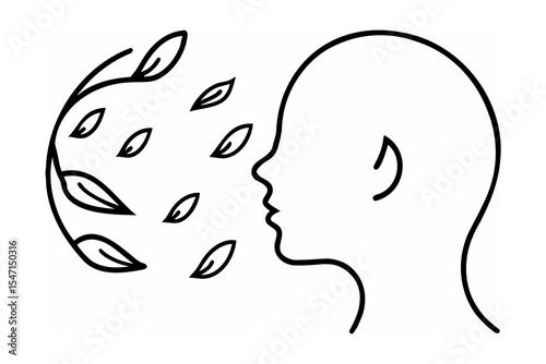 Black Line Art Profile Head Inhaling Leaves Branch