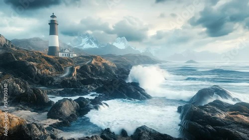 Lighthouse on Rocky Coast During Stormy Weather