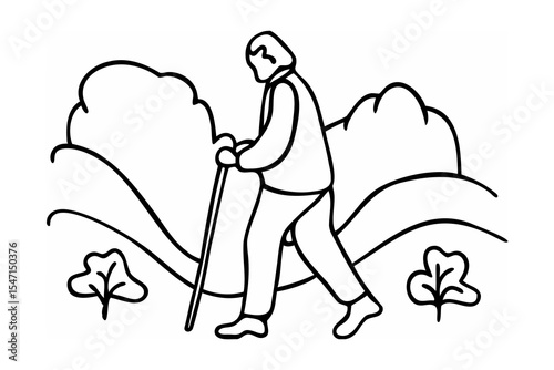 Elderly Man Walking with Cane in Black Line Art Landscape