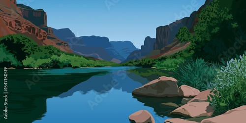 Majestic River Flowing Through a Canyon Landscape with Blue Sky