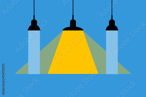 new idea vector concept, three different roof lamp, narrow white and wide yellow light illustration, leadership and teamwork vector
