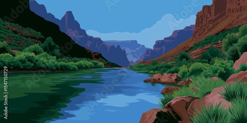 A beautiful pixel art landscape featuring a serene river flowing through a grand valley with towering mountains and lush green trees