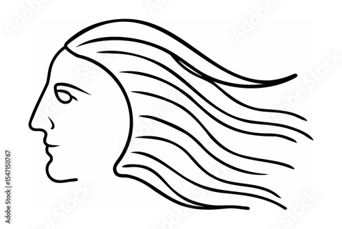 Black Line Art Profile Woman Long Flowing Hair face
