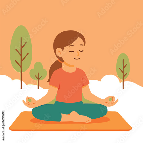 A calm and relaxing vector illustration showing men and women practicing yoga poses together. The scene includes diverse characters performing various yoga asanas like tree pose, lotus pose, and downw
