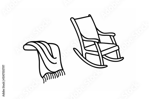 Line Drawing Rocking Chair and Fringed Throw Blanket