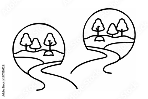 Two Black Line Drawings Winding Road Trees Landscape