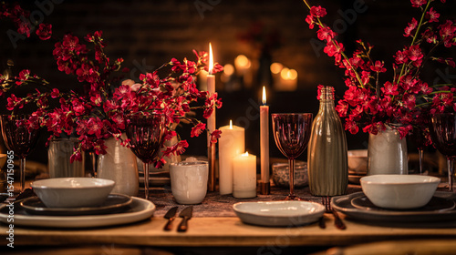 Elegant English dining tables styled with flickering candlelight, floral centrepieces, crystal glassware and richly layered plates, capturing the warmth of evening gatherings at home, wedding or event