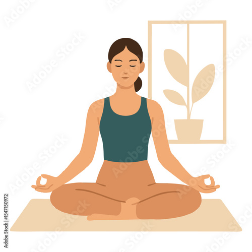 A calm and relaxing vector illustration showing men and women practicing yoga poses together. The scene includes diverse characters performing various yoga asanas like tree pose, lotus pose, and downw