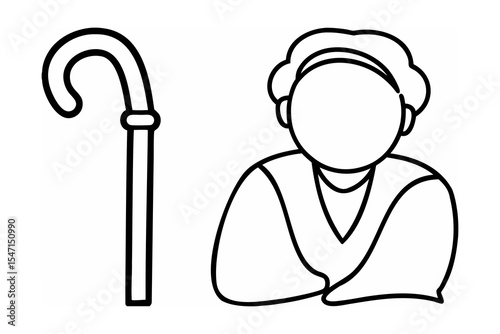 Black and White Line Drawing of Person and Crook Staff