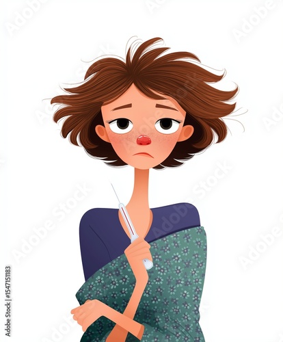 Unwell Cartoon Girl with Messy Hair Holding a Thermometer