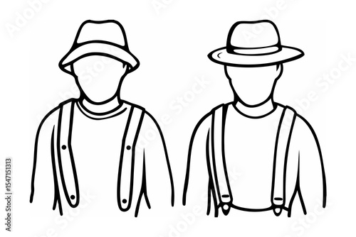 Two faceless figures wearing hats and suspenders line art