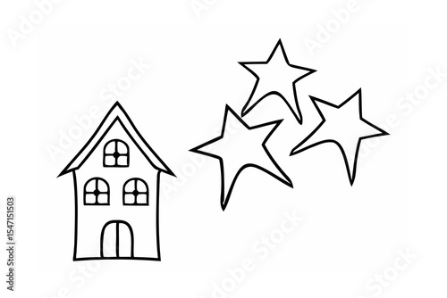 Simple Line Drawing House Three Stars White Background
