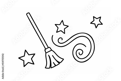 Black Line Drawing Broom Stars Swirls Magic Cleaning Witchcraft