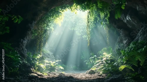 Sunbeams Illuminating a Lush Tropical Cave