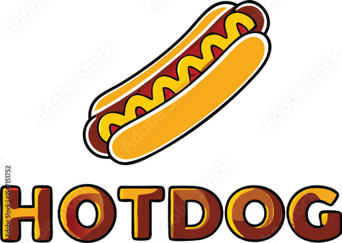 Cartoon Hotdog with Mustard and Ketchup Illustration on White Background