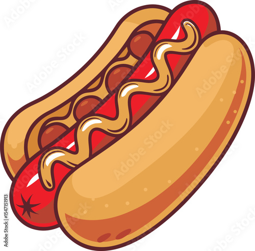 Cartoon Hot Dogs with Mustard and Relish on White Background