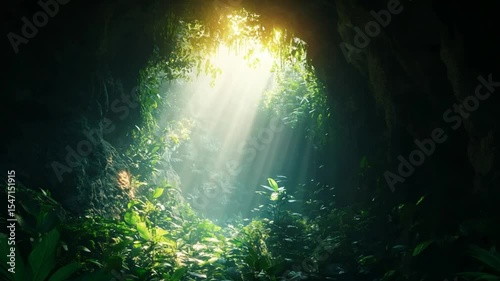 Sunbeams Illuminating a Lush Jungle Cave