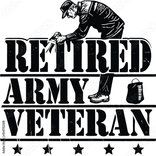 Black Silhouette Retired Army Veteran Illustration Bold Text Stars Bag vector