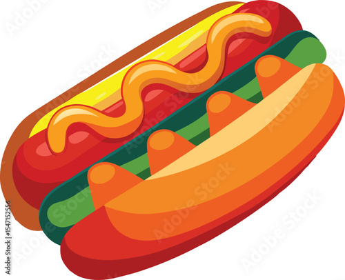 Cartoon Hot Dog Illustration with Mustard and Relish Toppings