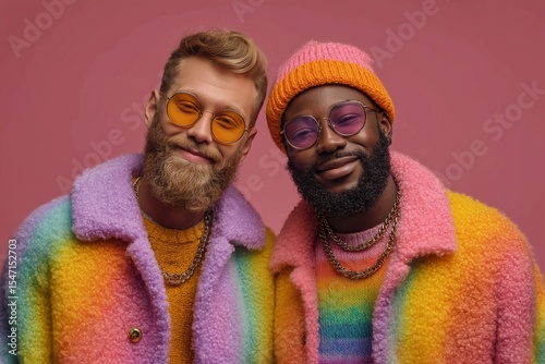 Two happy men, a diverse gay couple, pose in vibrant rainbow fur coats and colorful sunglasses against a pink background, celebrating love