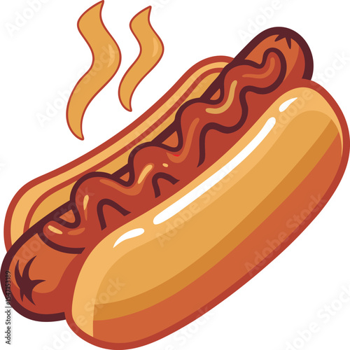 Cartoon Hot Dog with Ketchup and Steam Isolated on White