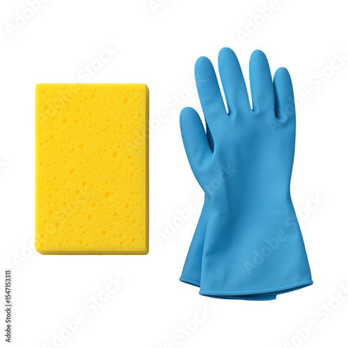 Yellow sponge and blue gloves for cleaning tasks, perfect for household chores