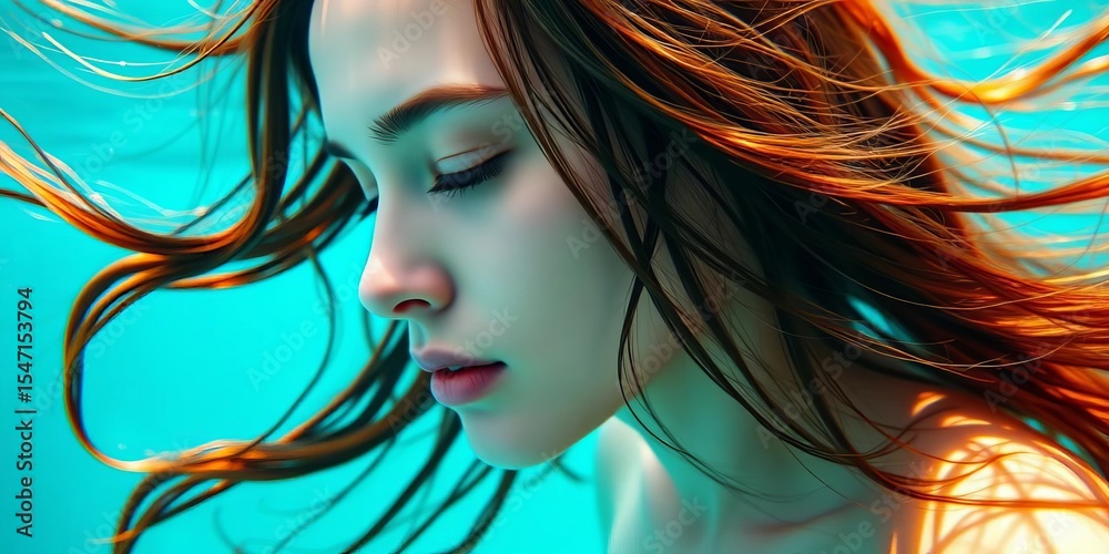 Naklejka premium Subtle curves, flowing locks, serene face; minimalist underwater scene, wave, clean