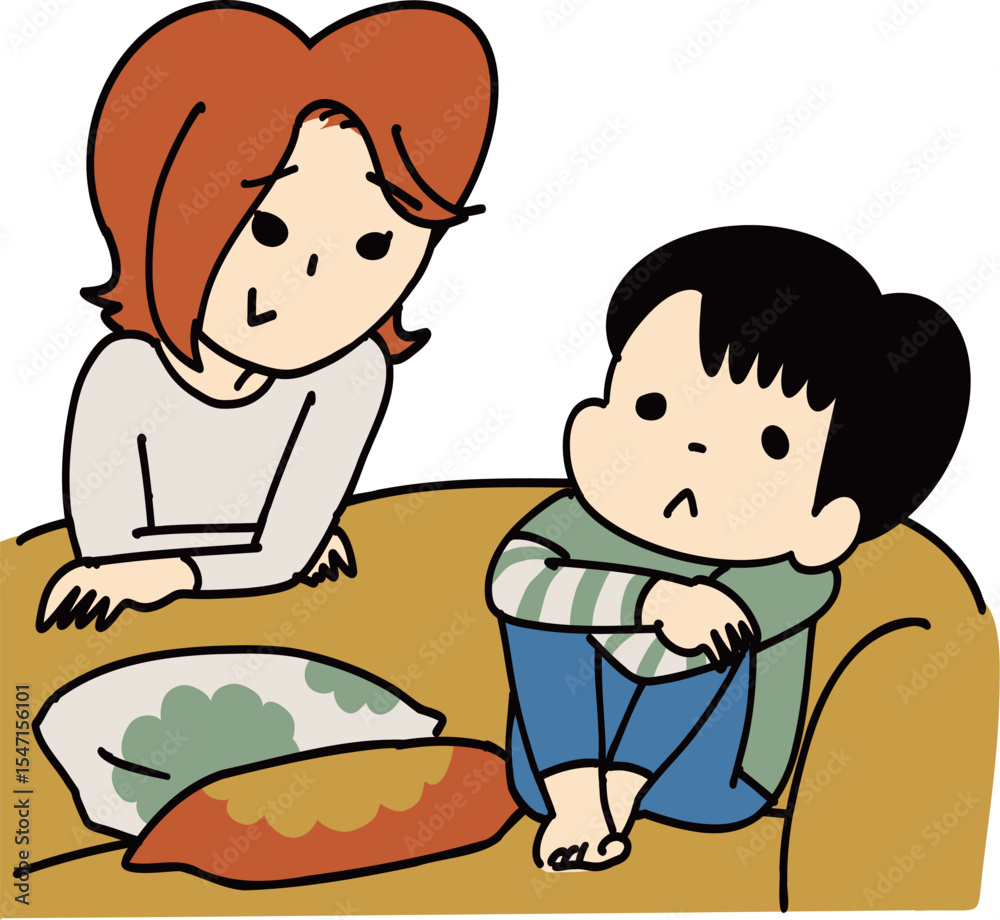ソファーで話をする母と子 ソファーで話をする母と子